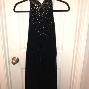 VINTAGE BLACK VELVET HALTER GOWN WITH RHINESTONES!
